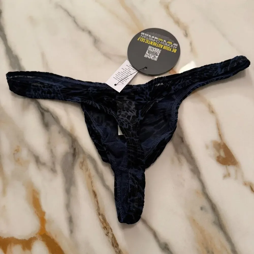 NEW Andrew Christian Underwear Nocturnal Mesh Thong Black Blue Size Medium